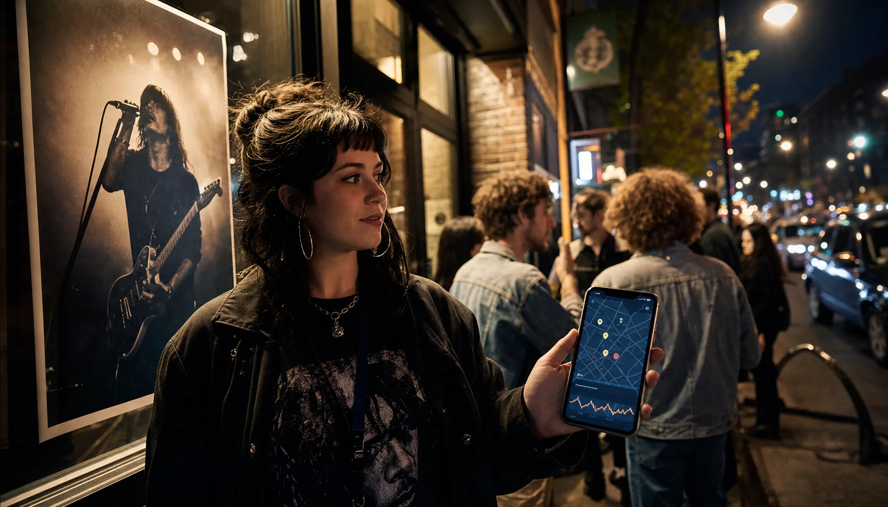 Concert promoter outside a venue checking scan activity on a phone