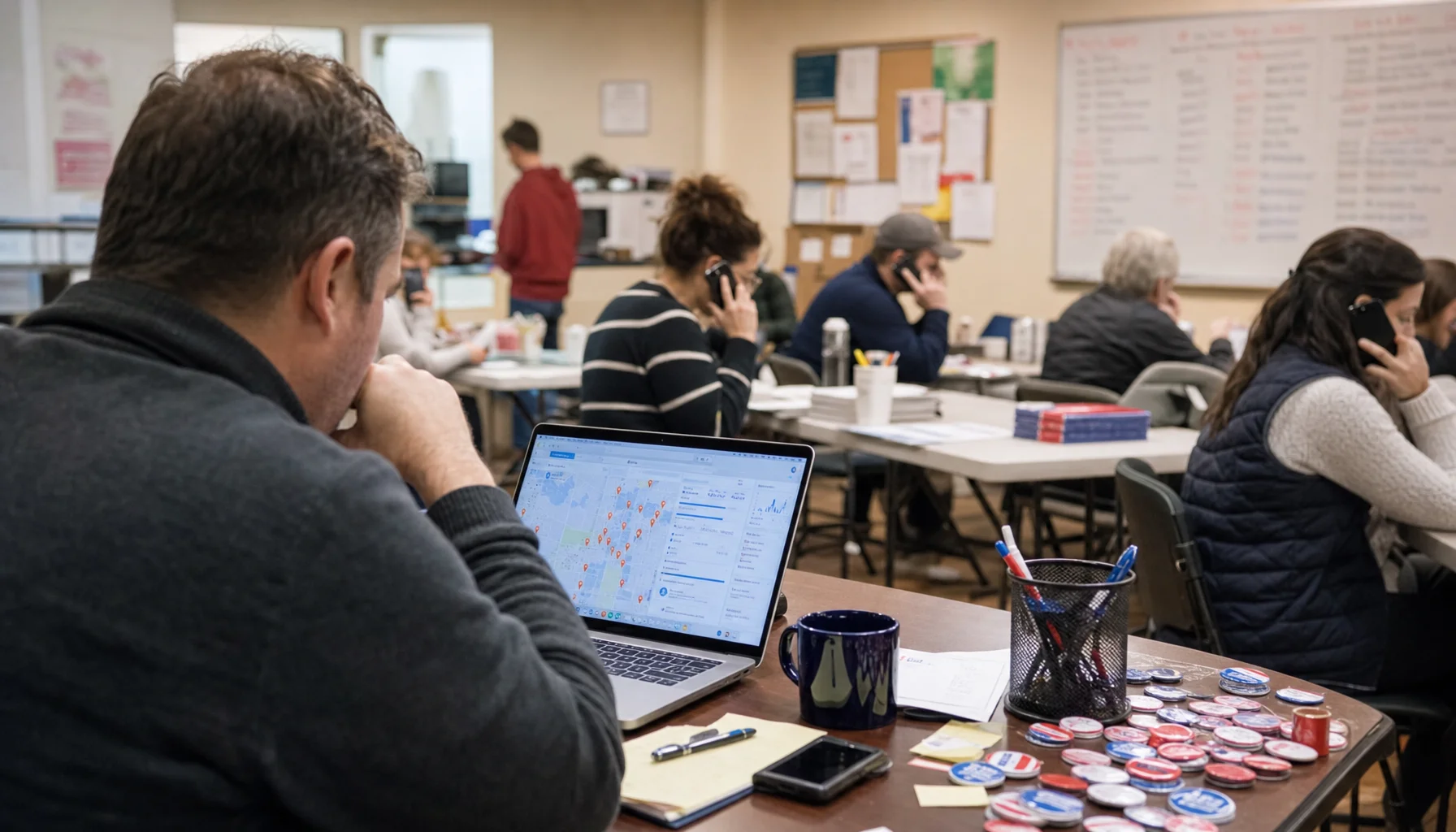 Campaign manager reviewing precinct engagement data in a field office